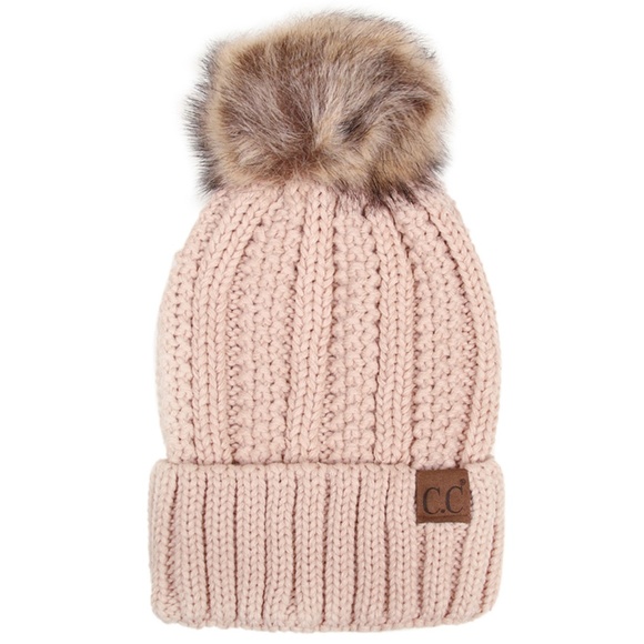 C.C Knitted Fuzzy Lining Beanie Hat with Pom - Picture 1 of 1